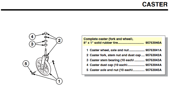 90763040A | Complete caster (fork and wheel), 8" x 1" solid rubber tire
